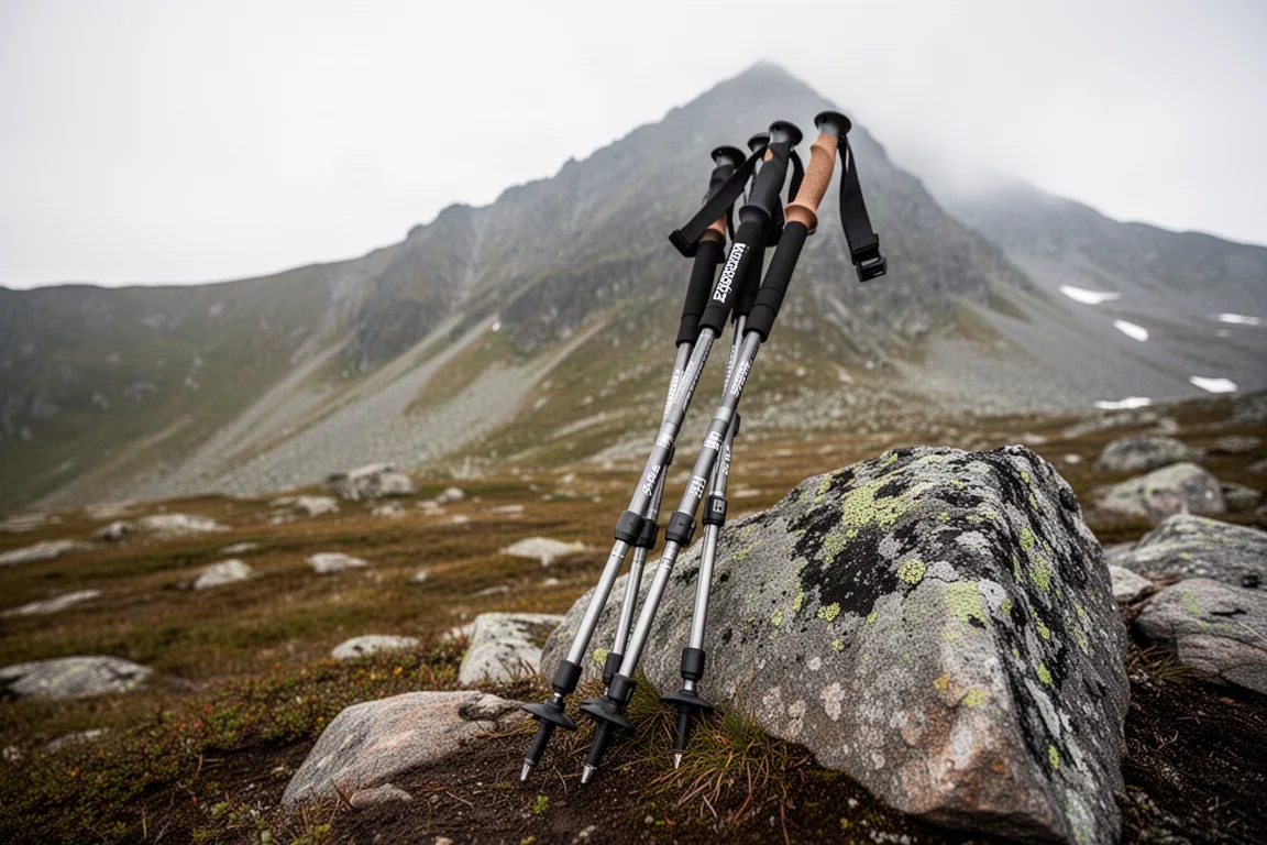 Teleskopierte Trailrunning-Stöcke halb ausgezogen neben einem Pfad an einem Bergpass