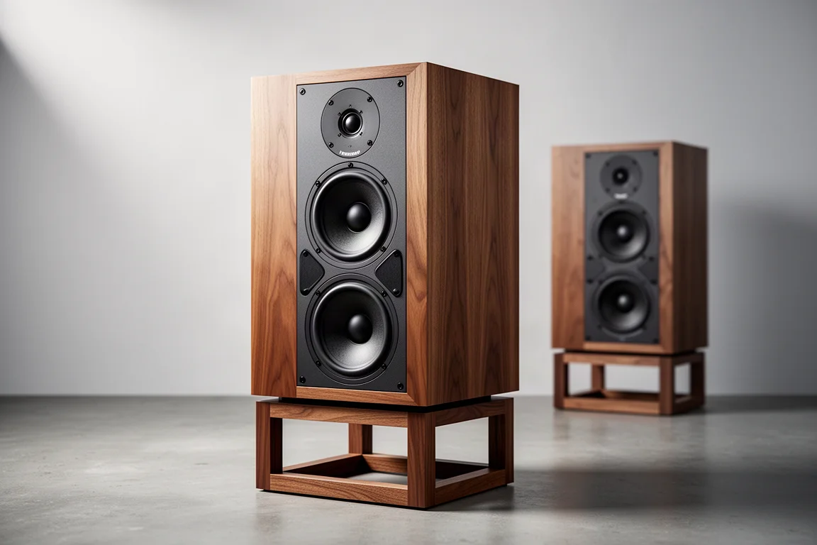 Large walnut three-way stand-mounted loudspeaker on a wooden stand in a neutral studio