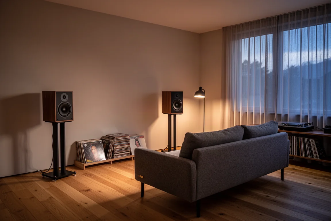 Hörraum in der Abenddämmerung mit zwei Regallautsprechern auf Stativen, die auf ein Sofa ausgerichtet sind