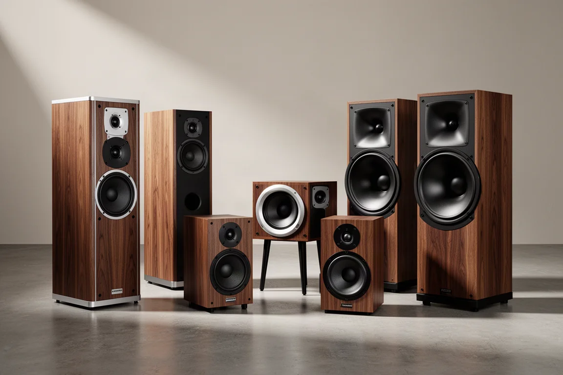 Six vintage-style hi-fi speakers arranged on a concrete floor in soft studio light