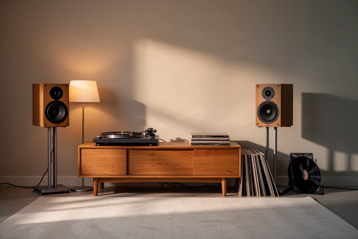 Angolo di ascolto con un amplificatore slim, giradischi e diffusori da scaffale nella luce pomeridiana