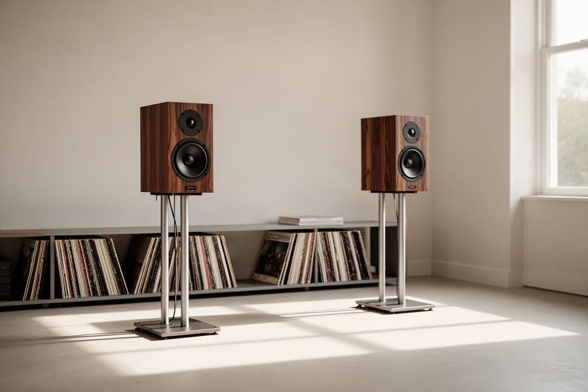 Due sistemi hi-fi compatti affiancati su una mensola di legno in una sala di ascolto