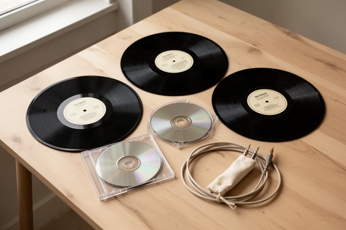 Disco in vinile che gira su un giradischi con un amplificatore sfocato dietro nella luce serale