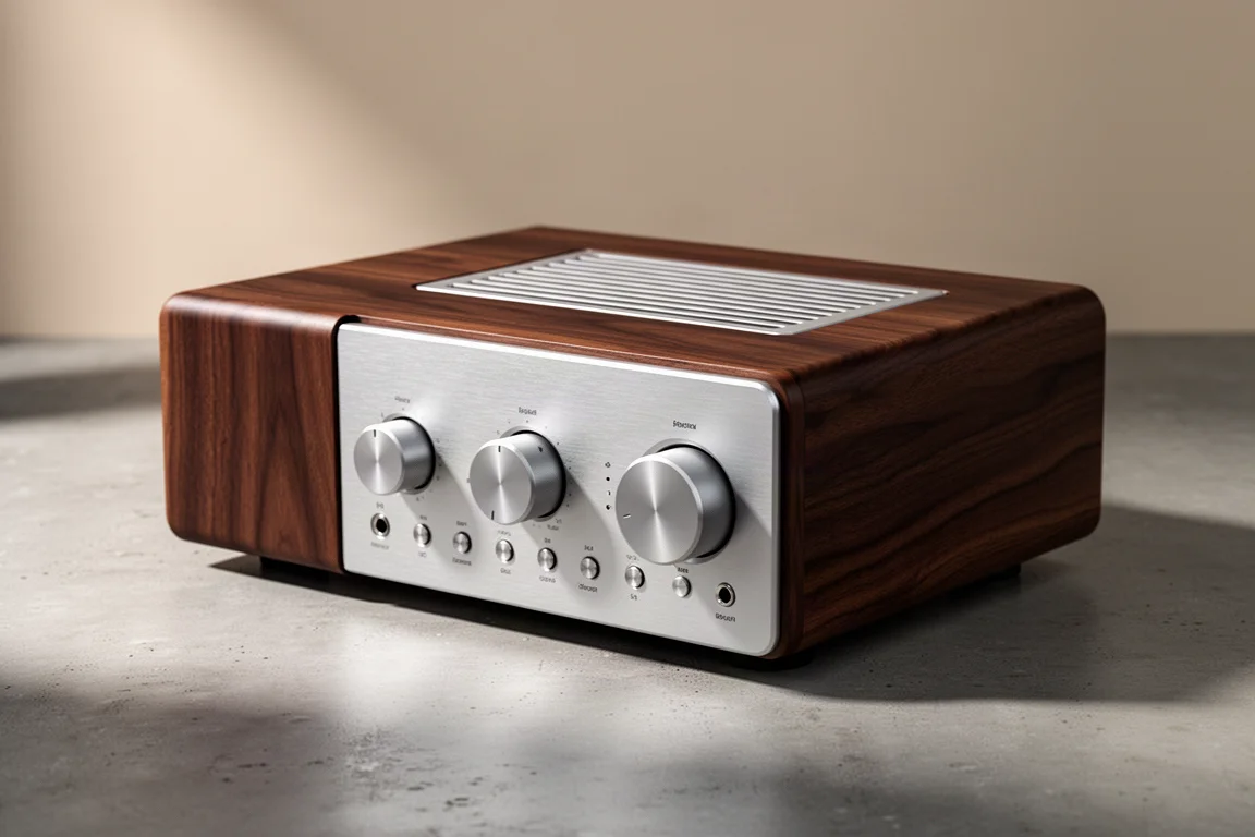 Retro integrated amplifier with brushed aluminium front panel and walnut veneer cabinet