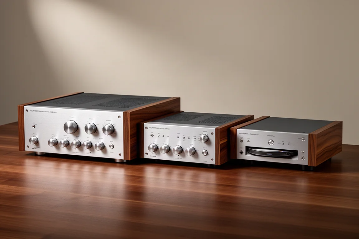 Three vintage-styled Leak hi-fi separates arranged on a walnut surface