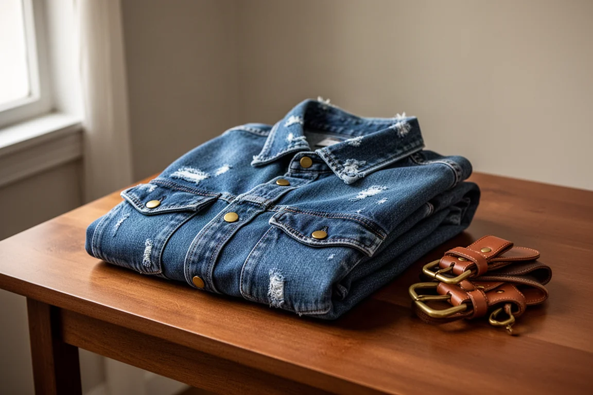 Verwaschene Jeansweste mit Messing-Druckknöpfen auf einer Holzfläche