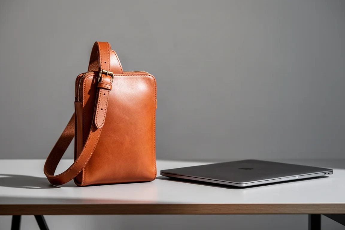 Leder-Umhängetasche mit Laptop auf einem Schreibtisch