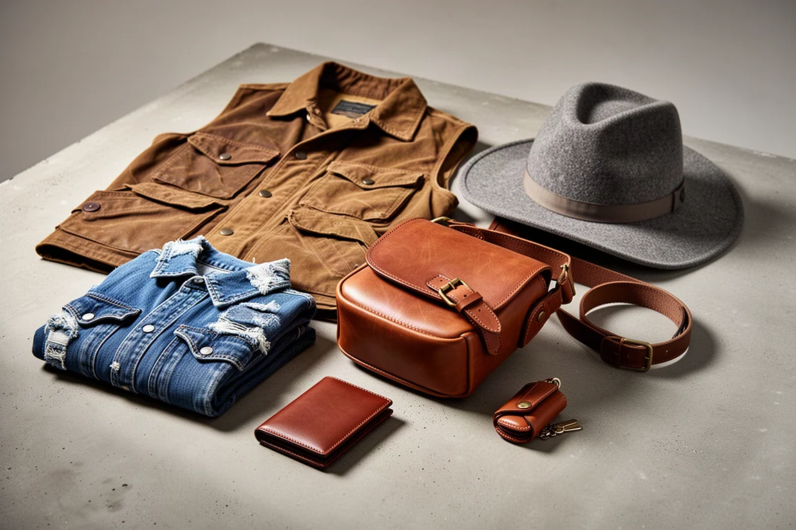 Flat-lay of leather everyday carry goods including denim, vest, hat, sling bag, wallet, and key case