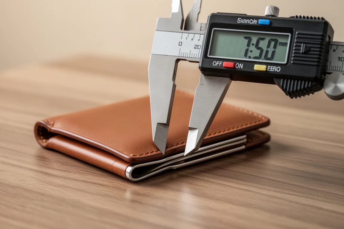 Messschieber misst die Dicke einer leeren Lederbrieftasche auf einem Schreibtisch