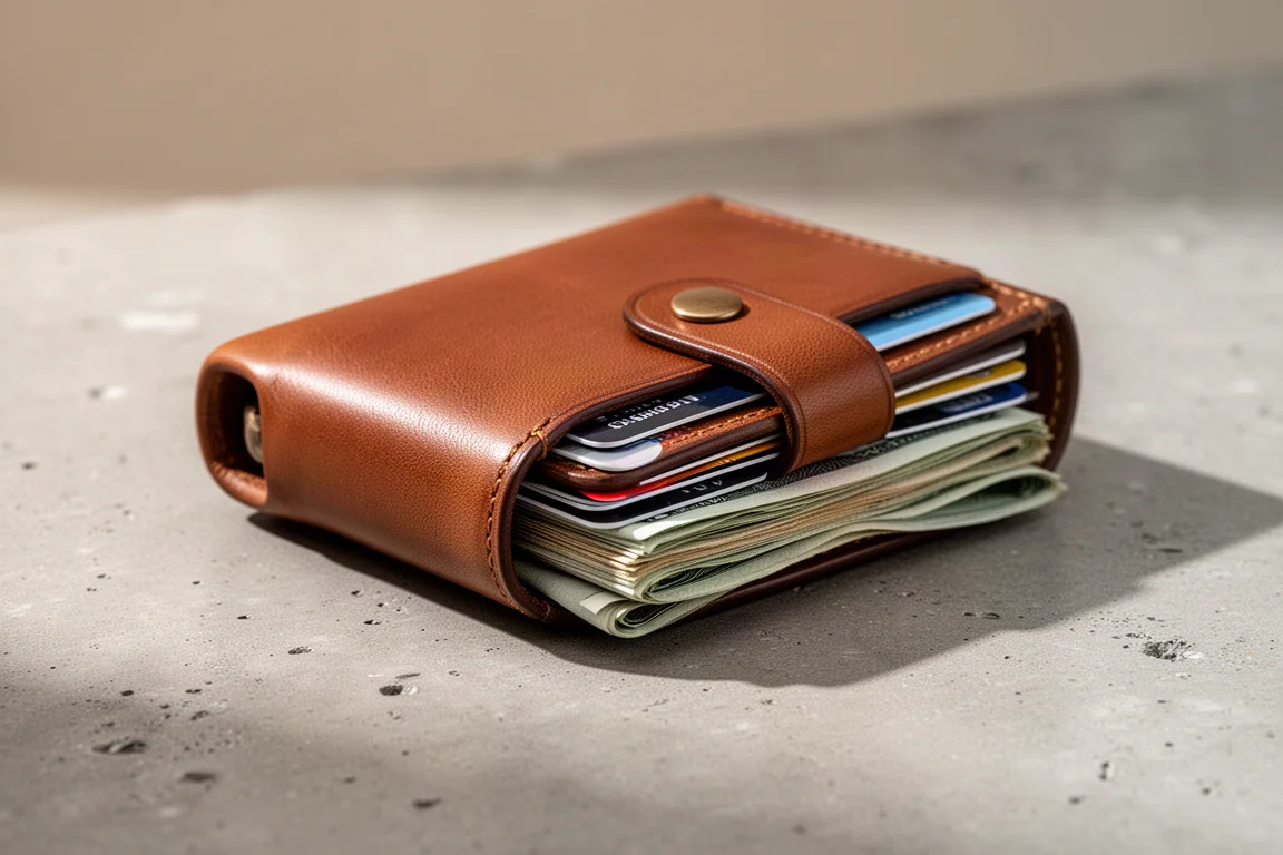 Voll gepackte Lederbrieftasche mit Karten und Bargeld drin zugeschnappt