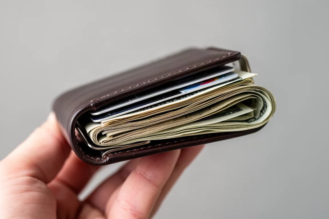 Geldspangen-Brieftasche, die sich wegen Überfüllung nicht vollständig schließen lässt