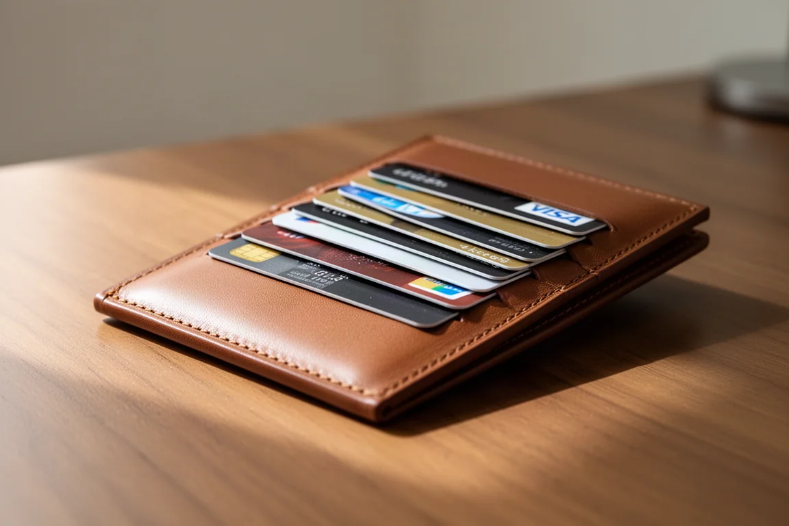 Schlanke minimalistische Lederbrieftasche mit horizontalen Kartenfächern und gestapelten Karten