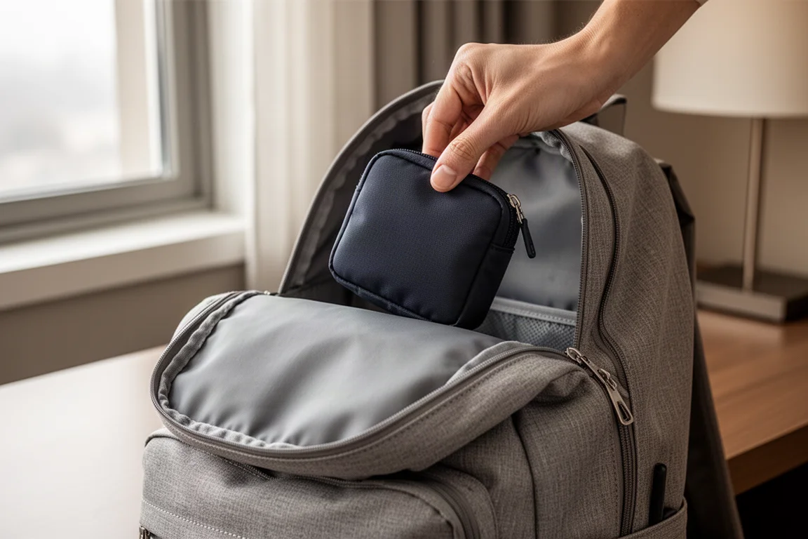 Viajero guardando una pequeña funda organizadora en una mochila junto a una ventana