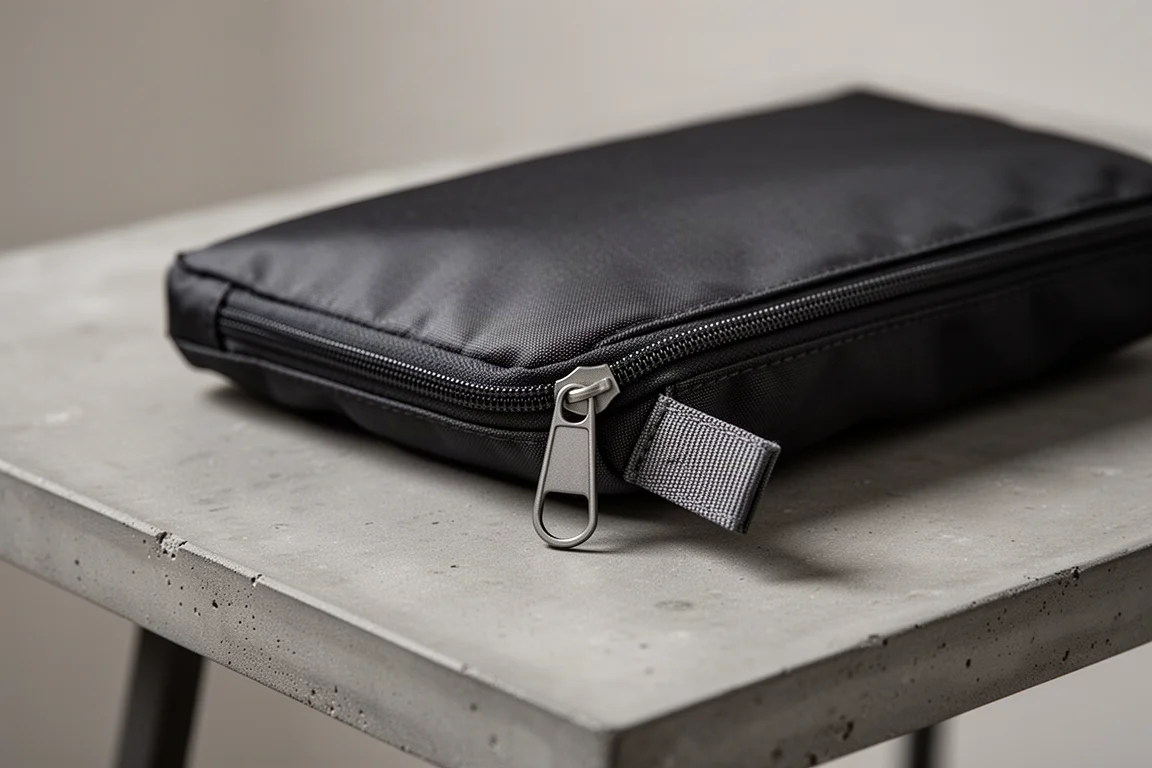 Funda con cremallera colocada en el bucle de seguridad del garaje de la cremallera sobre una mesa