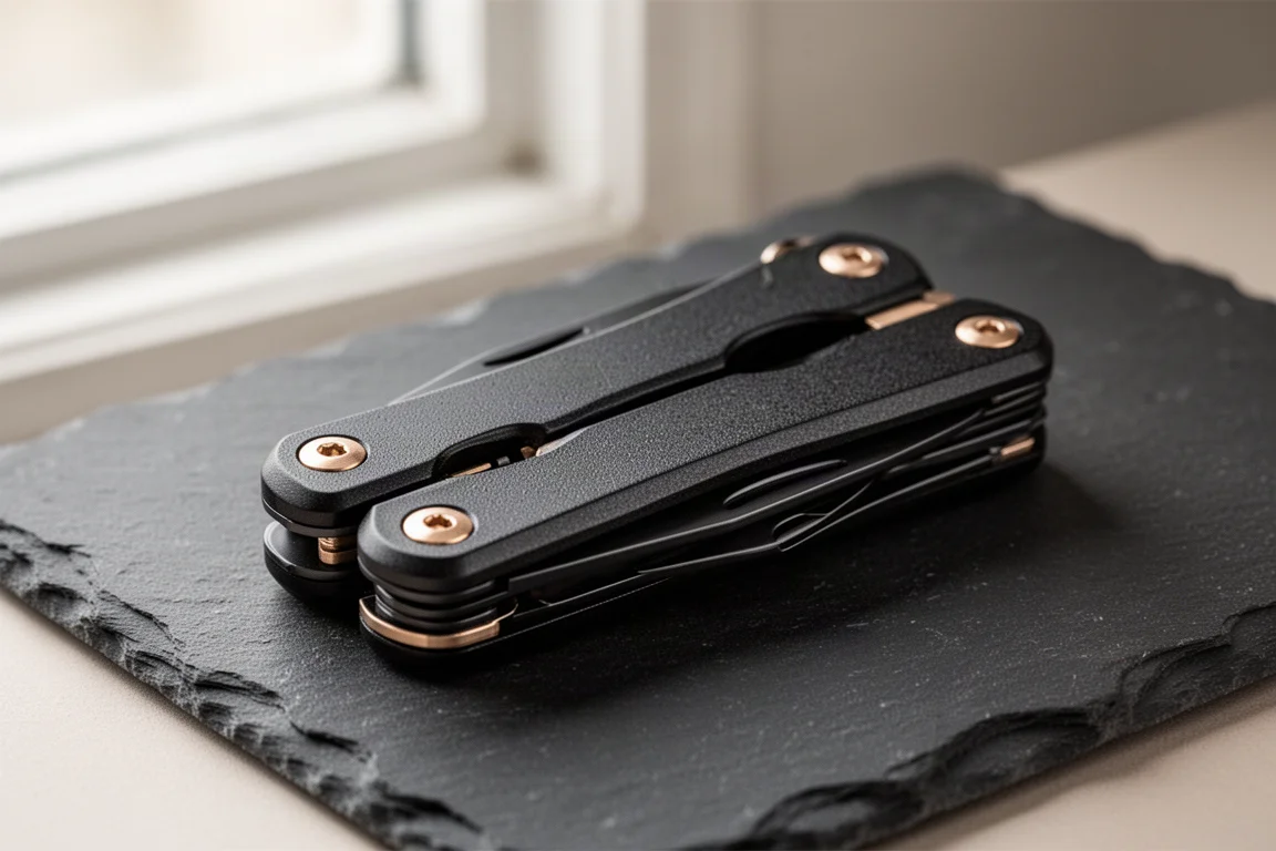 Black multi-tool with champagne accents on a dark textured surface