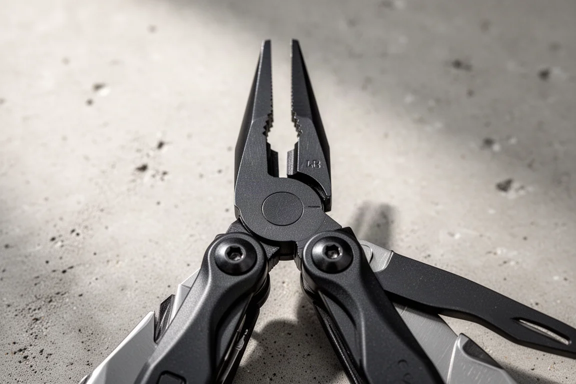 Close-up of multi-tool plier head fully opened showing smooth pivot action