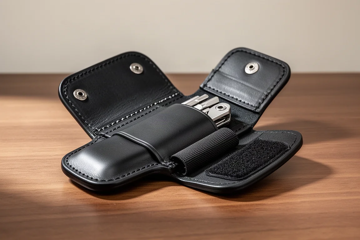 Leather multi-tool sheath with elastic bit holder on a wooden desk