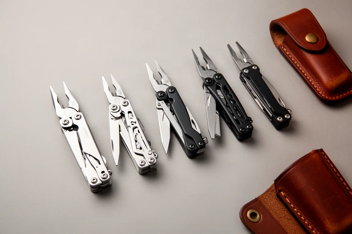 Collection of multi-tools arranged in rows on a neutral studio backdrop