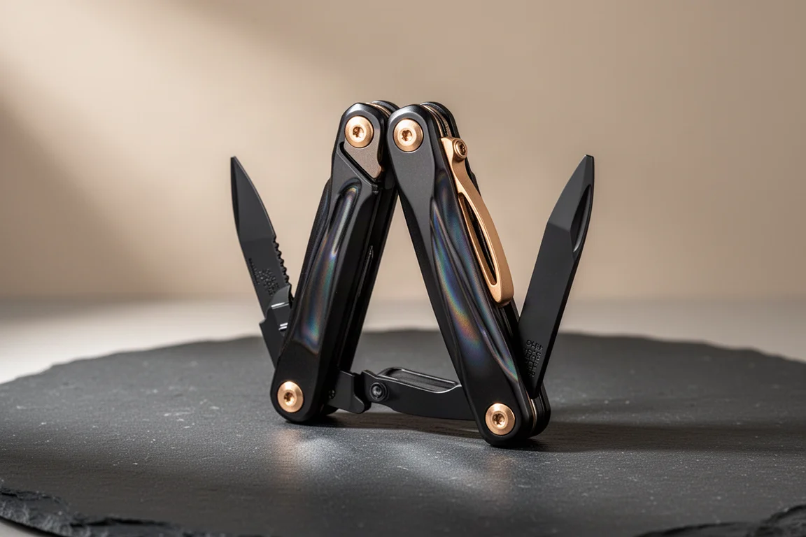 Leatherman Arc Obsidian multi-tool with champagne accents on dark slate