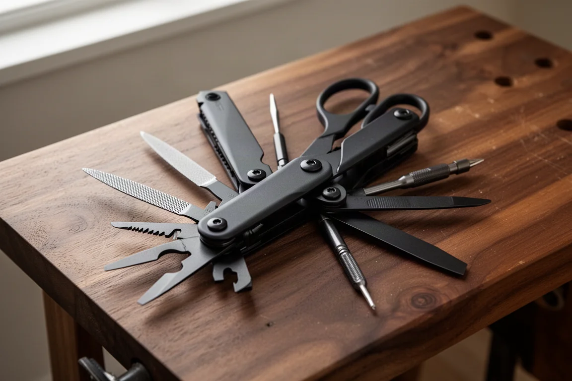 Multi-tool aperto con le pinze estese su una panca di legno