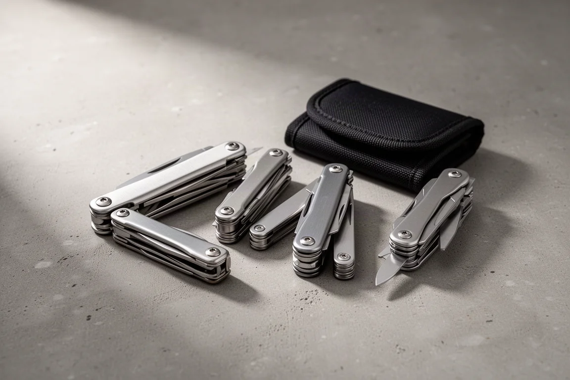 Quattro multi-tool Leatherman chiusi disposti in fila su una superficie di cemento