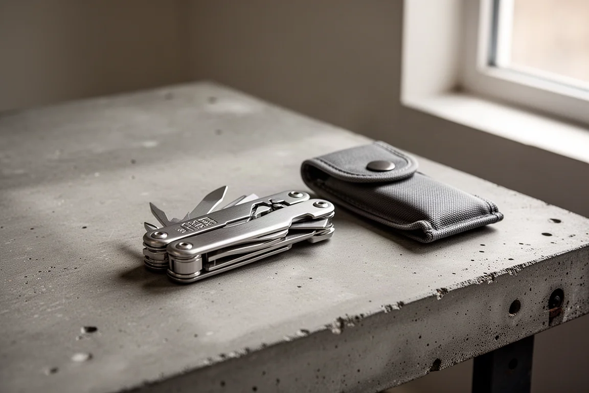 Multi-tool in acciaio inox chiuso appoggiato su una superficie di lavoro in cemento