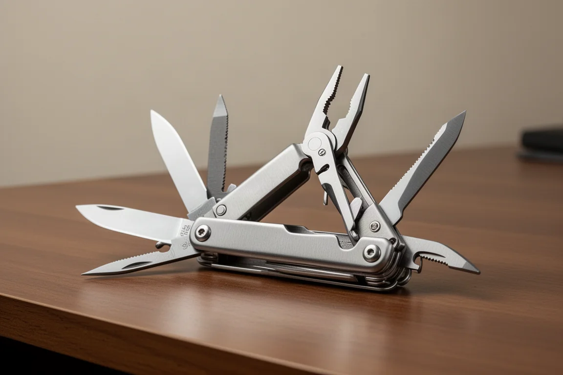 Lama e pinze del multi-tool aperte su una scrivania in legno