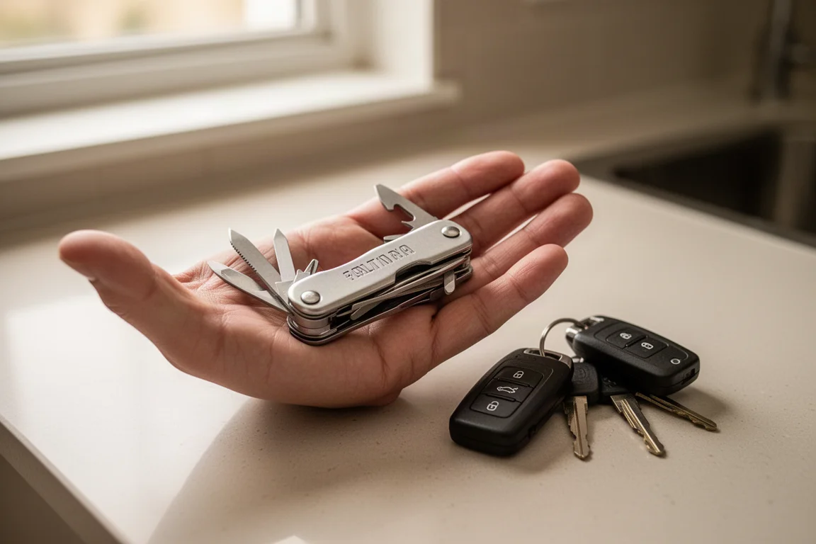 Multi-tool nella palma di una mano aperta accanto a chiavi dell'auto sul piano della cucina