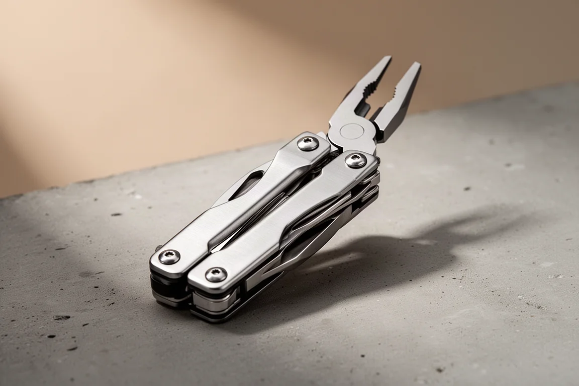 Closed stainless steel multi-tool on a matte concrete surface