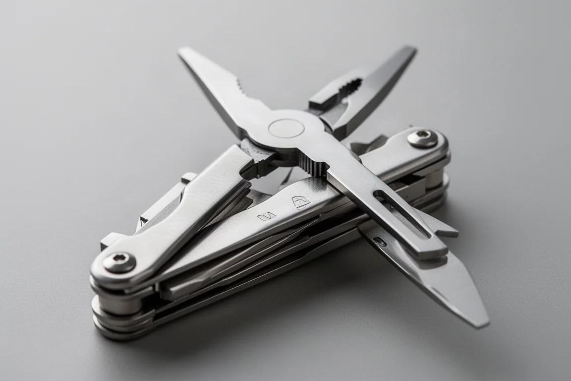 Multi-outil compact tenu ouvert, montrant les mors de la pince et les outils pliés sur fond neutre