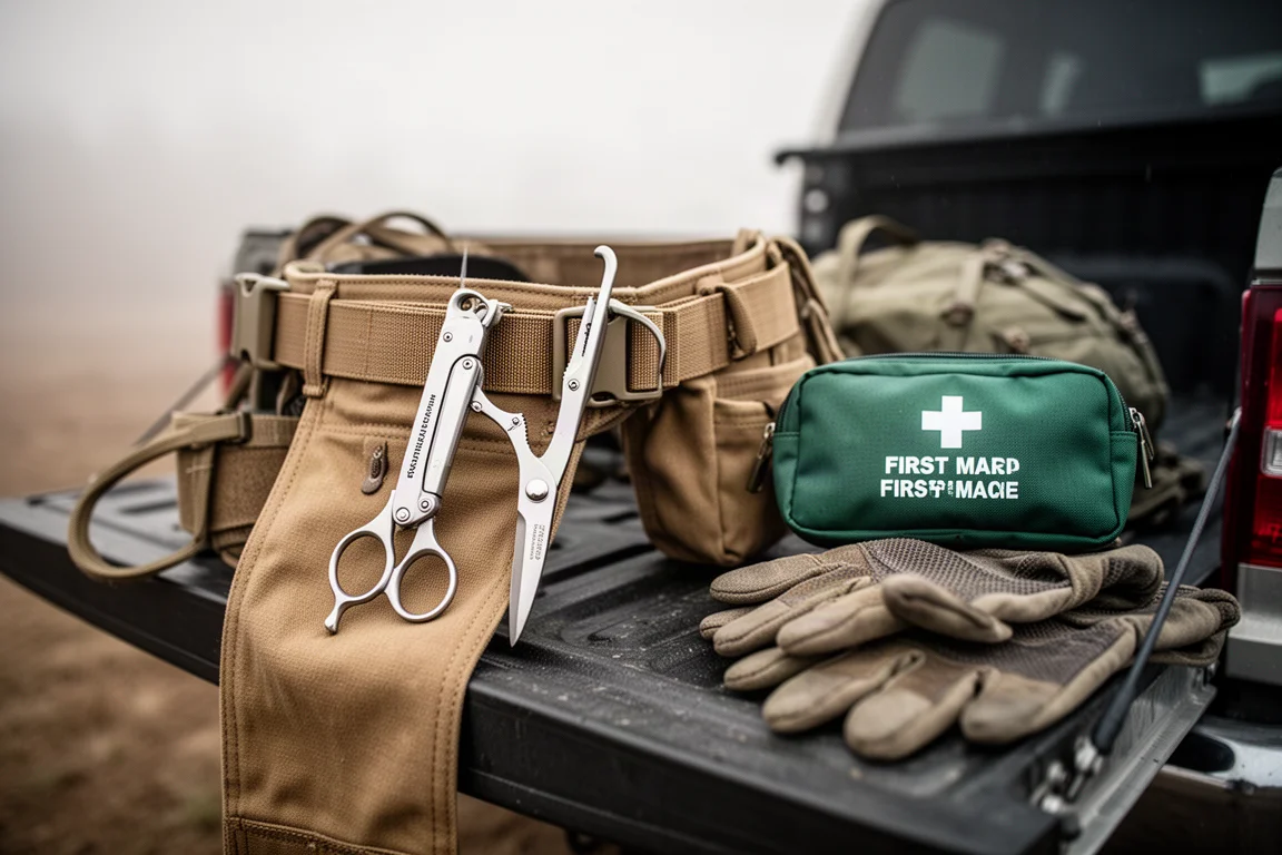 Ciseau médical pliant avec clip de poche, attaché à une ceinture au-dessus d'un équipement outdoor