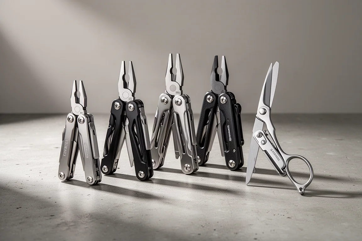 Cinque multi-tool Leatherman di diverse dimensioni disposti su una superficie di cemento