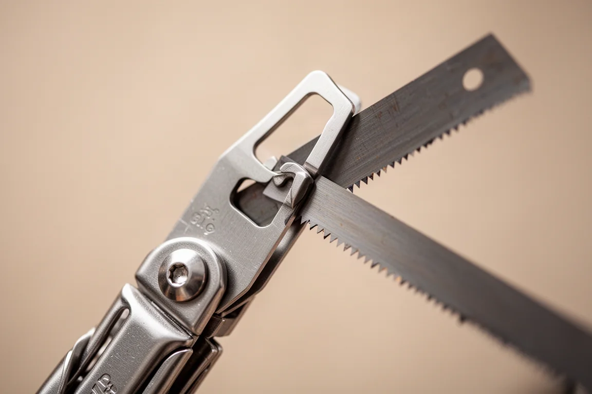 Mâchoire d'un multi-outil avec une petite découpe retenant une lame de scie à un angle de travail