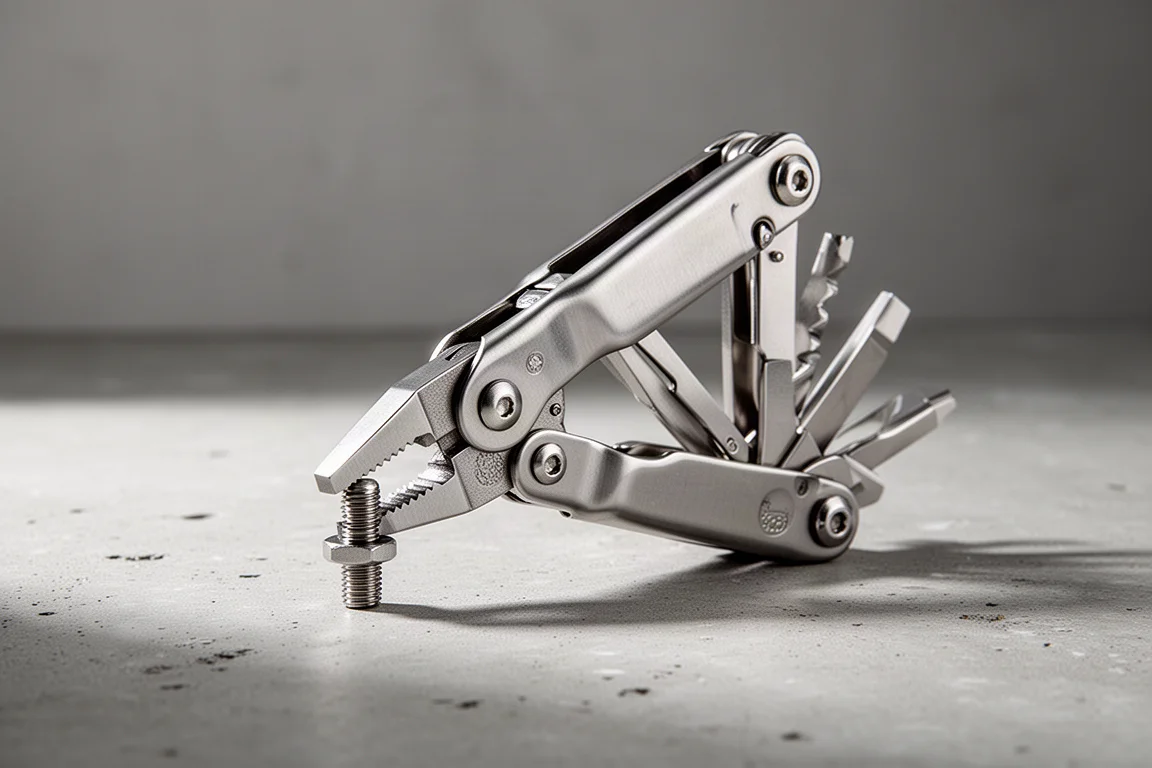 Multi-outil de type pince-étau saisissant une petite pièce métallique sur un établi