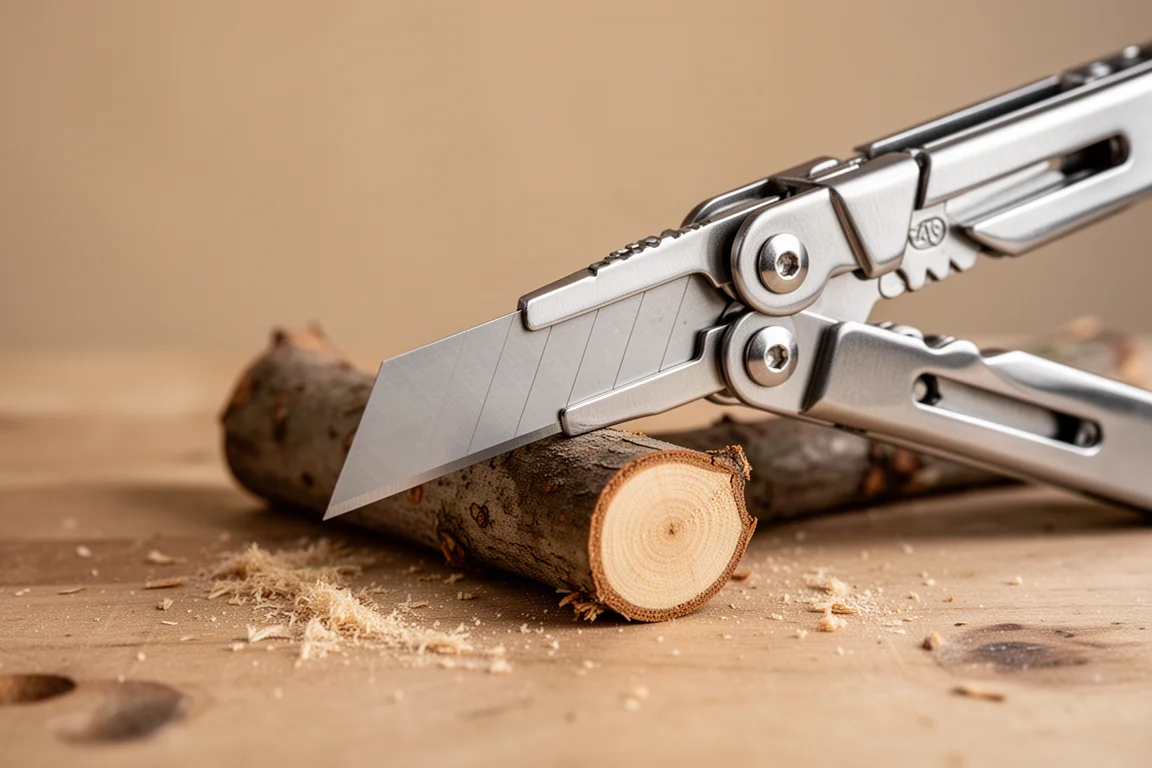Lame de couteau utilitaire serrée dans la mâchoire d'un multi-outil coupant une petite branche