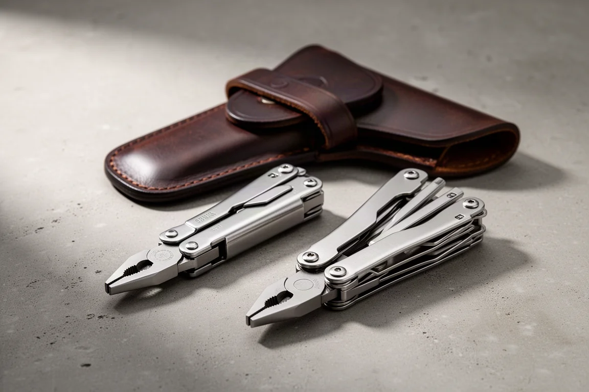 Two Leatherman multi-tools with a leather sheath arranged on a concrete surface