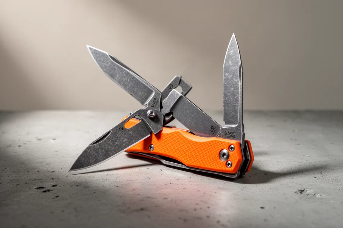Orange-handled folding multi-tool with an opened blade on a concrete surface