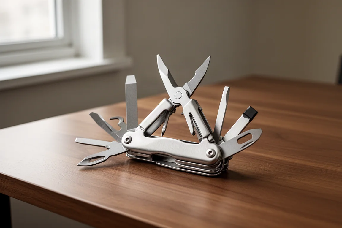 Compacte multitool van roestvrij staal met schaar en schroevendraaiers opengeklapt op een houten bureau