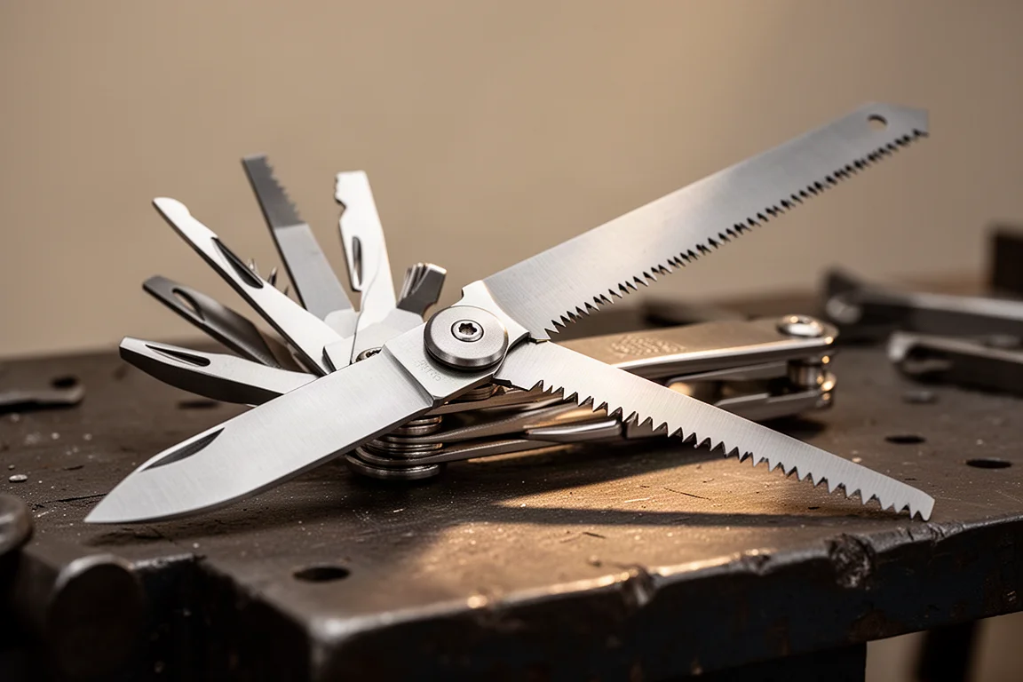 Brede multitool met dik lemmet en taps toelopende zaag uitgespreid op een werkbank