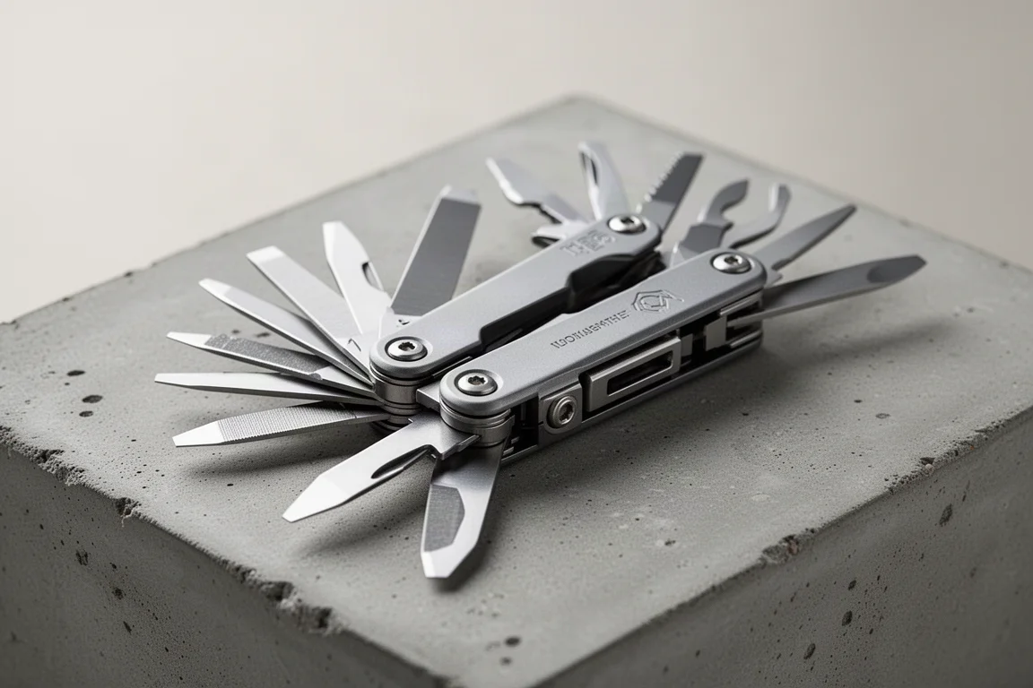 Multitool met magnetische handvatten waaierend opengeklapt op een betonnen ondergrond
