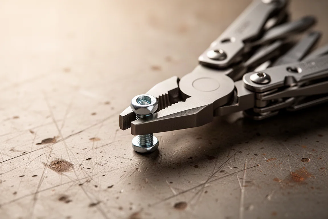 Tangenkop van een multitool die een klein boutje vastpakt op een werkbank