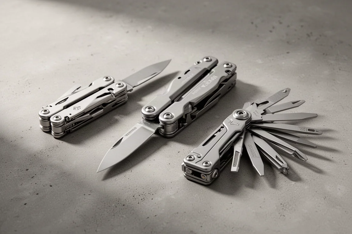 Three stainless Leatherman-style multi-tools arranged on a concrete surface