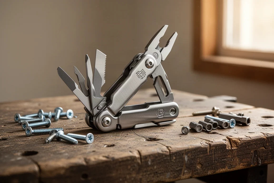 Multi-tool compatto con pinze a bloccaggio aperto su un banco da officina