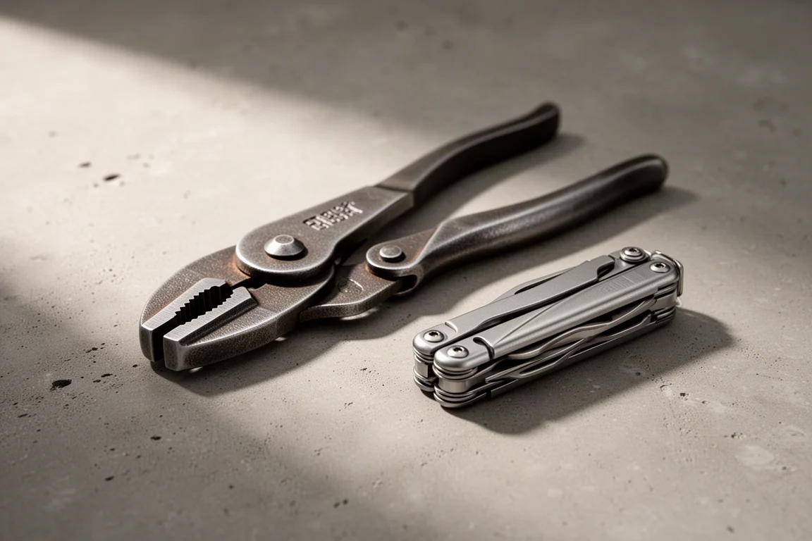 Pinza a morsetto dedicata appoggiata accanto a un multi-tool piegato