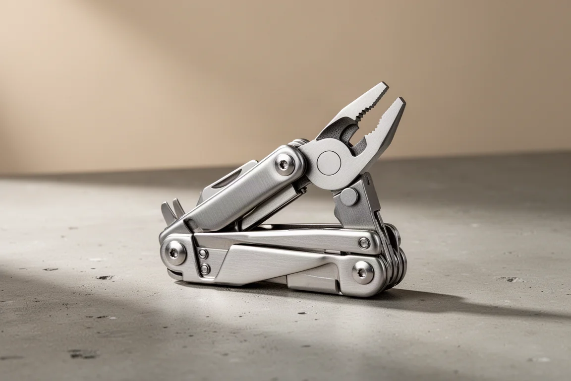 Compact stainless steel locking pliers multi-tool open on concrete surface