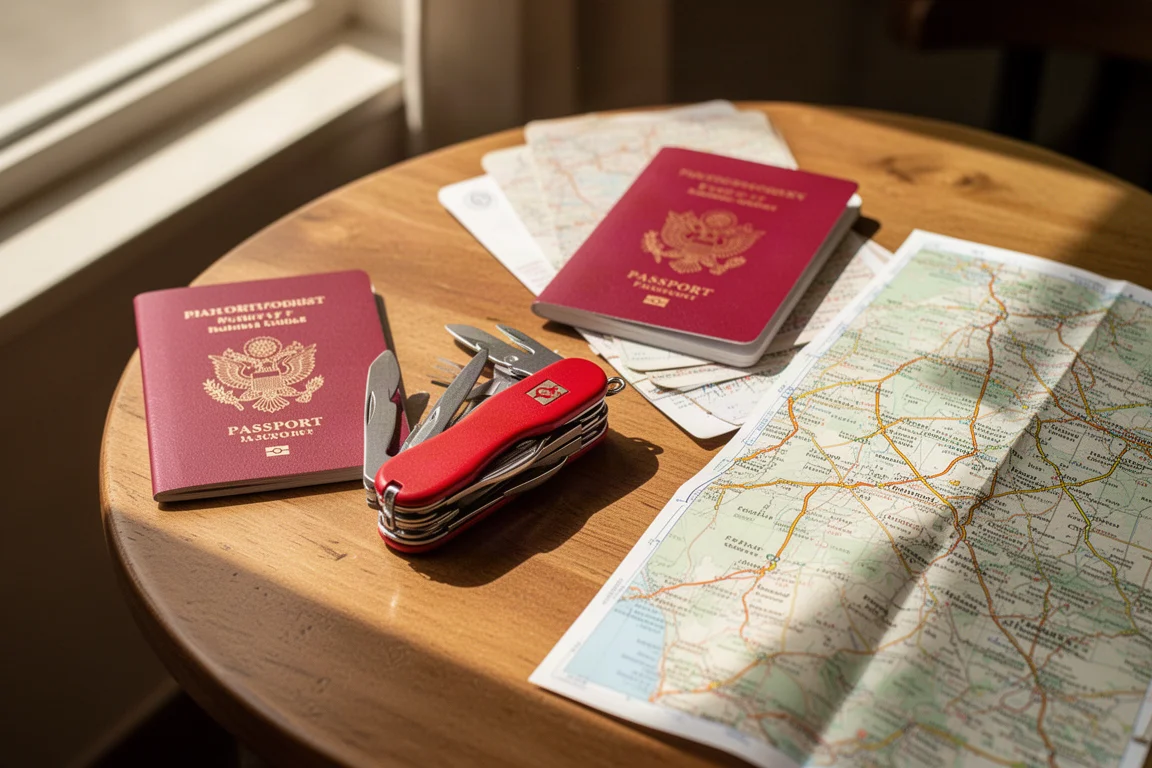 Multiutensile da tasca su un tavolo di caffè accanto a un passaporto e una mappa