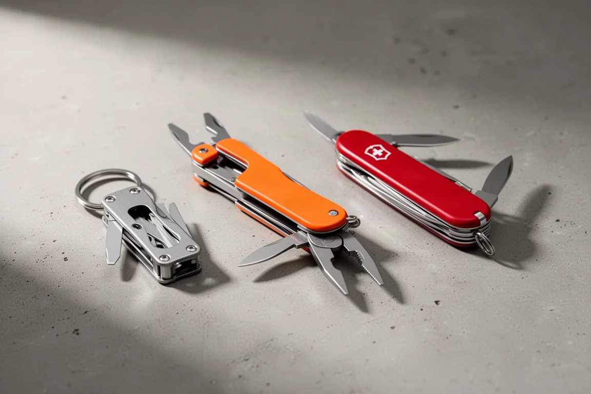 Three folding multi-tools lined up on a matte concrete surface