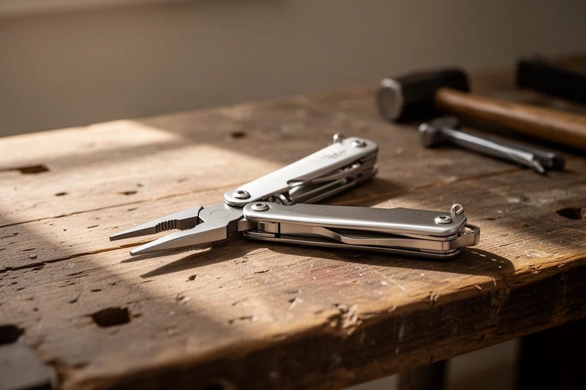 Multitool met gedeeltelijk geopende tang op een werkbank