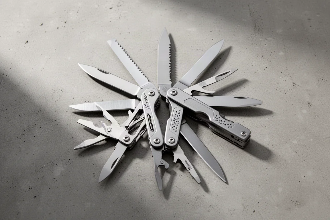 Opvouwbare multitool met gereedschappen uitgespreid op een neutraal oppervlak