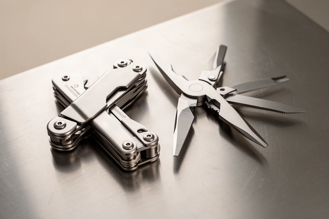 Twee multitools van roestvast staal naast elkaar op geborsteld staal